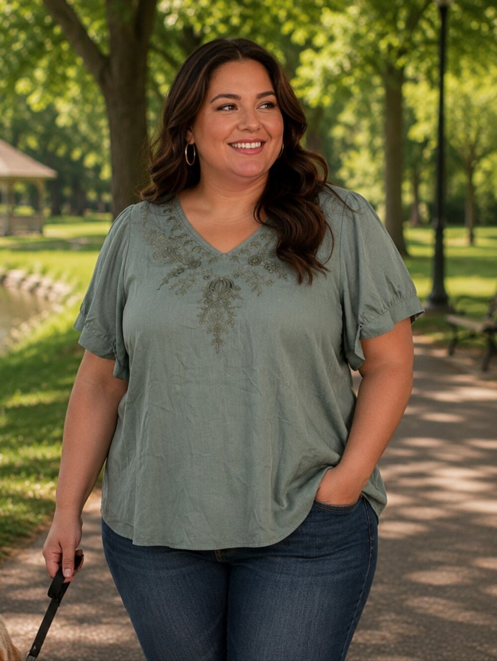 Mumianxiu Green short sleeve floral detail blouse.  NWT